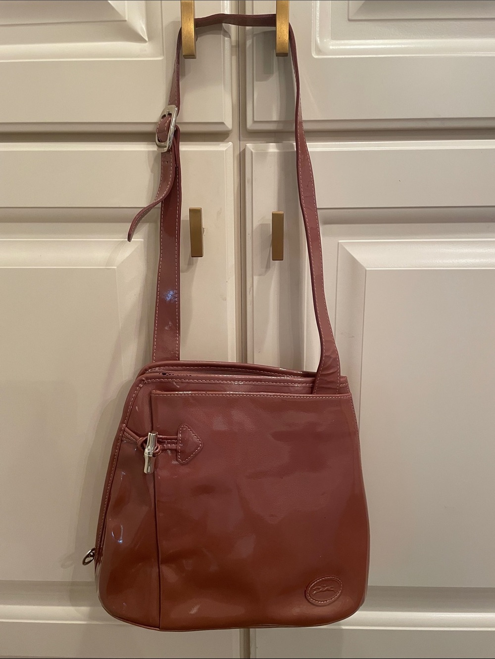 Longchamp mauve/taupe patent shoulder bag
